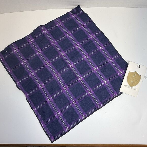 Clifton Wilson Purple Blue Plaid 100% Cotton Pocket Square With Button New - Picture 2 of 6